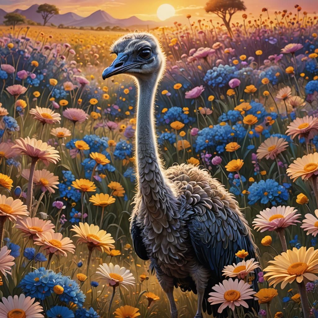 Ostrich in Flower Field at Sunrise, Art Nouveau