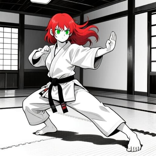 Fiery Red-Haired Woman Practicing Karate in Manga Style