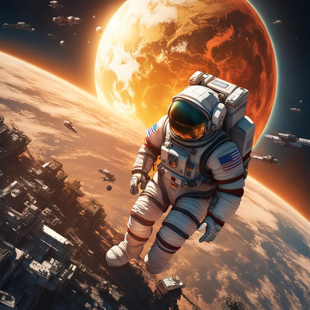 Spacesuit Tumbling to Earth: Chinese Pen and Ink