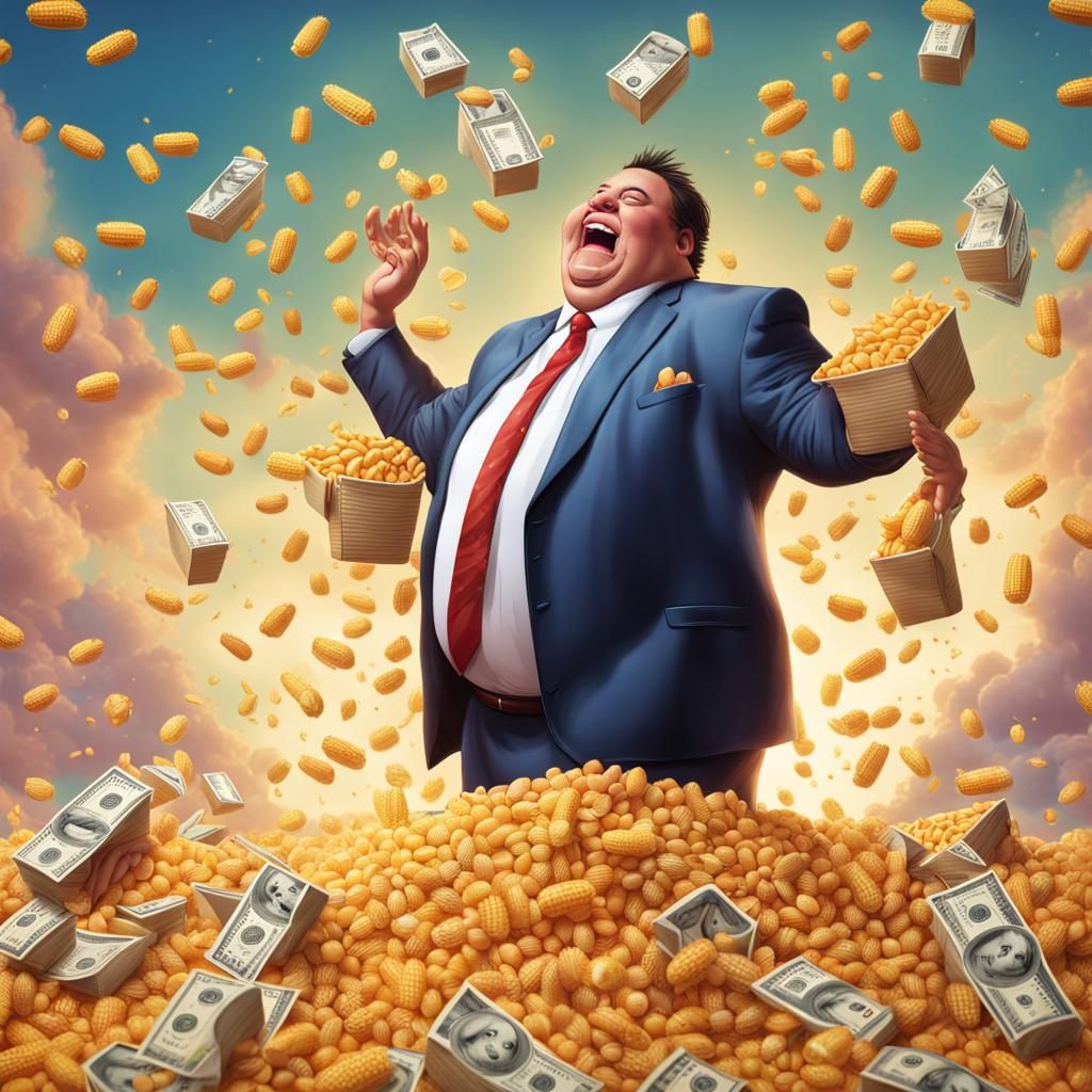 Greedy Executive Polluting Cereal, Hyperrealistic Splash Art