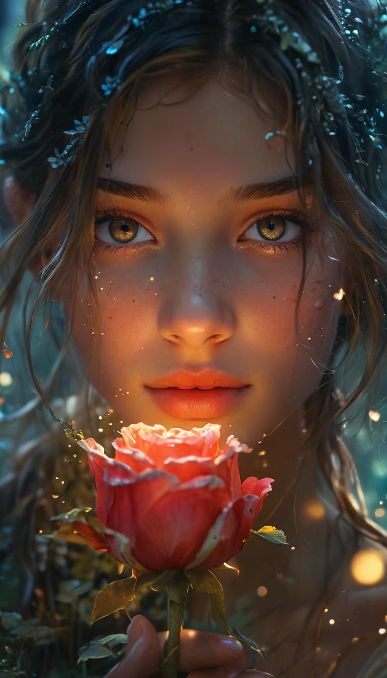 Fairytale Girl Portrait in Lush Forest, Watercolor Style