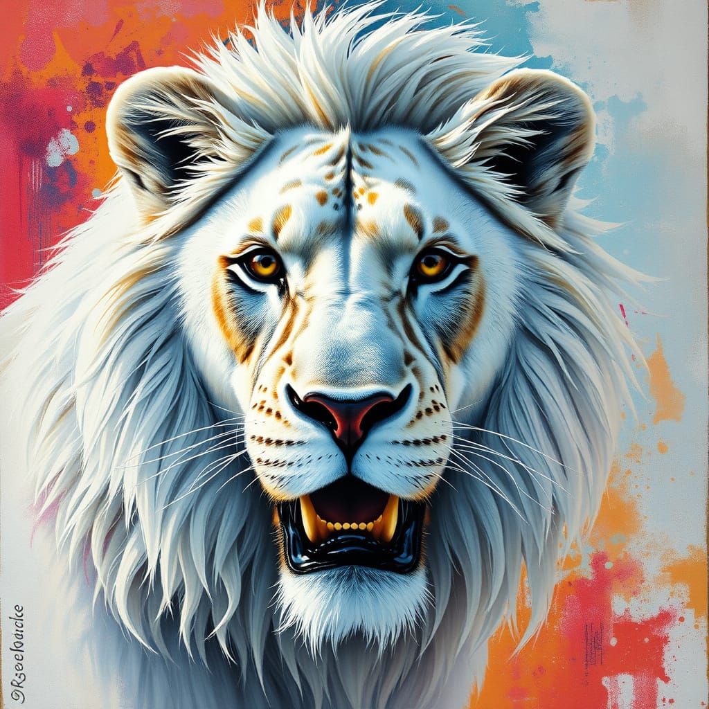 Majestic White Lion Charcoal Drawing in Gouache Style
