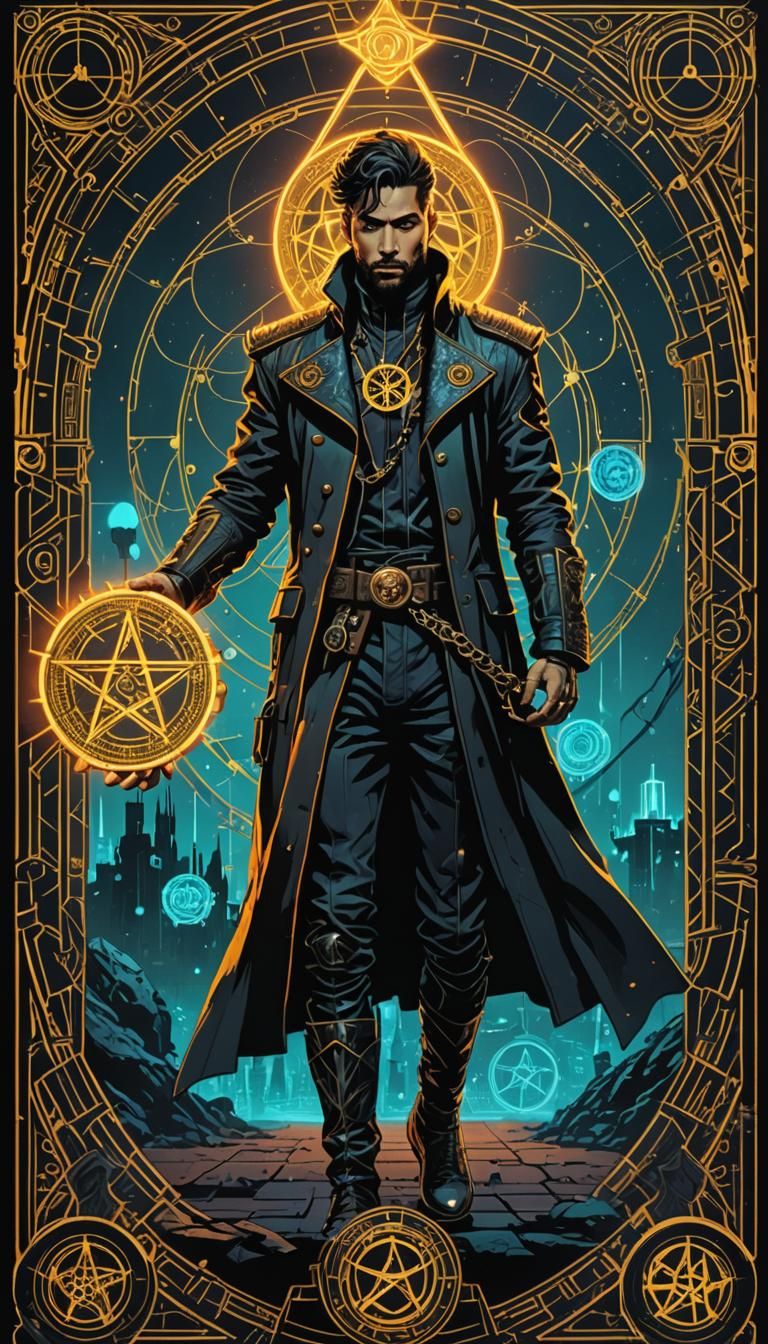 Prince of Pentacles Tarot Card in Cyberpunk Style