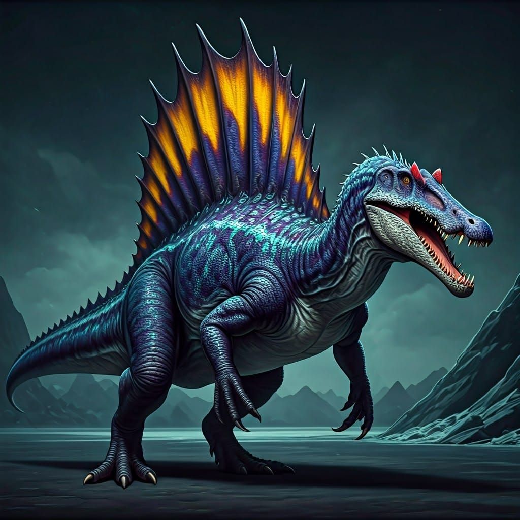 Purple Spinosaurus Hybrid in Comic Book Style