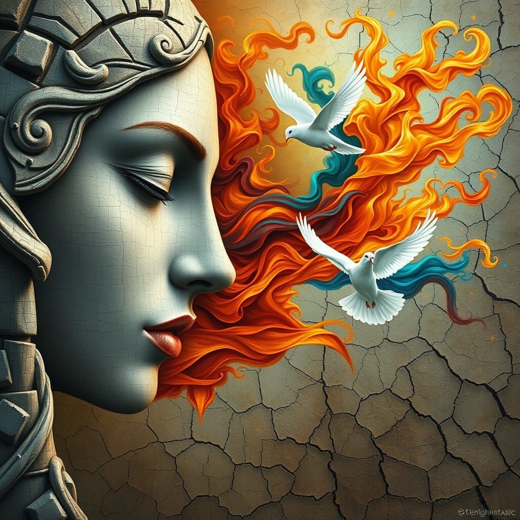 Surreal Digital Painting of Woman Merging with Elemental For...