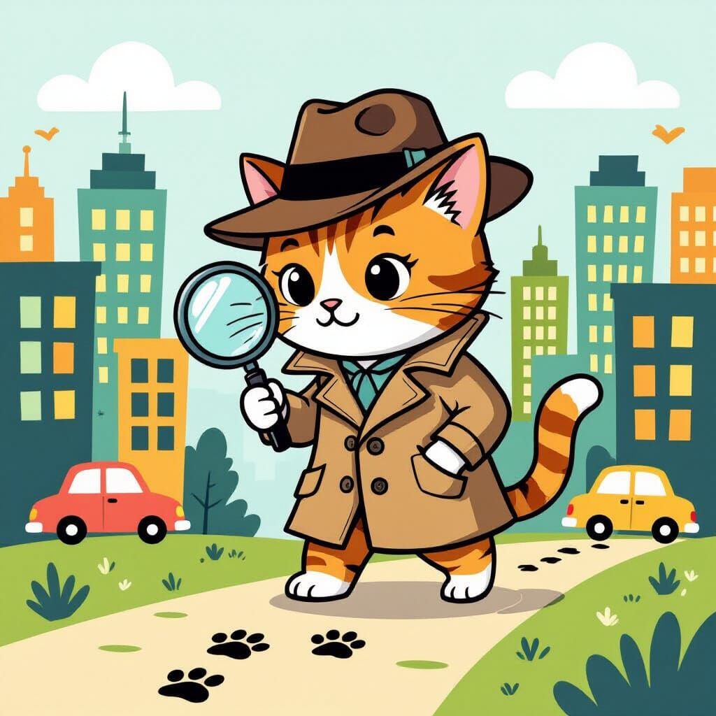 Cartoon Cat Detective in Stylized Cityscape