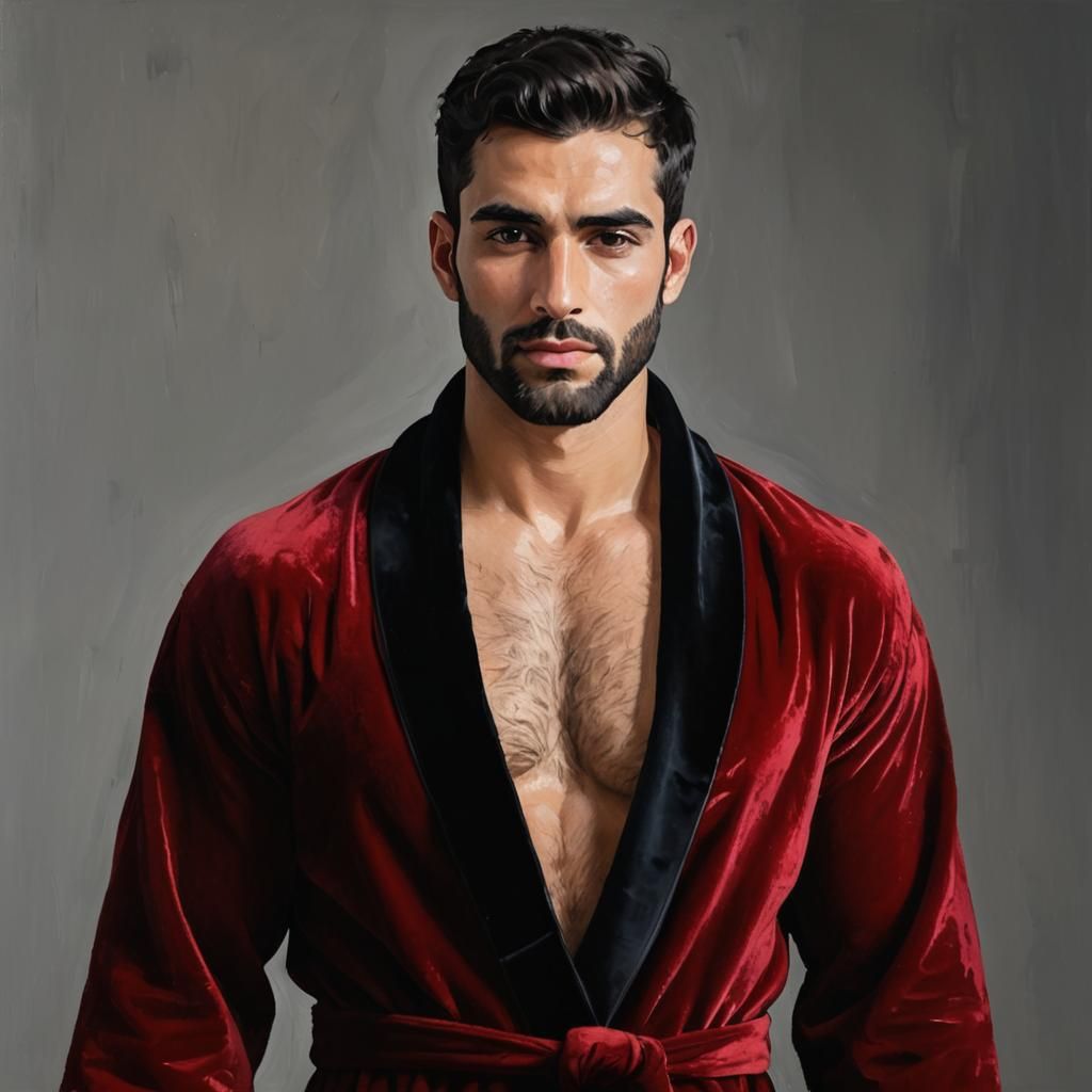 Serene Man in Red Bathrobe: Neo-Impressionist Oil Painting
