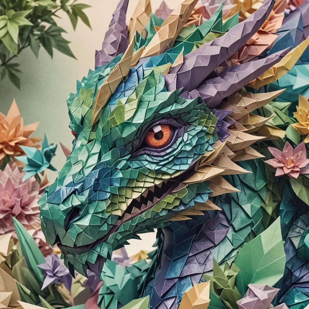 Gemstone Origami Dragon on Desk: Papercraft Art