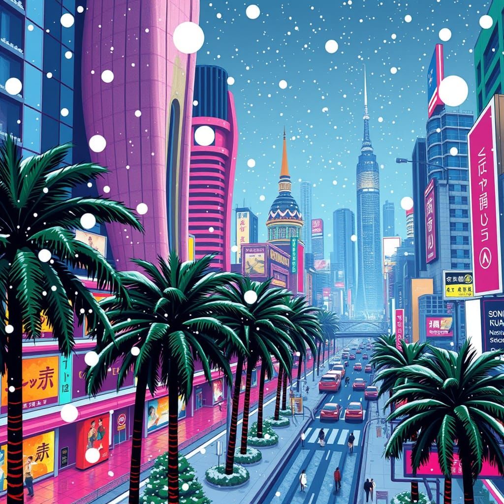 Futuristic Winter Cityscape in Vibrant Tropical Colors