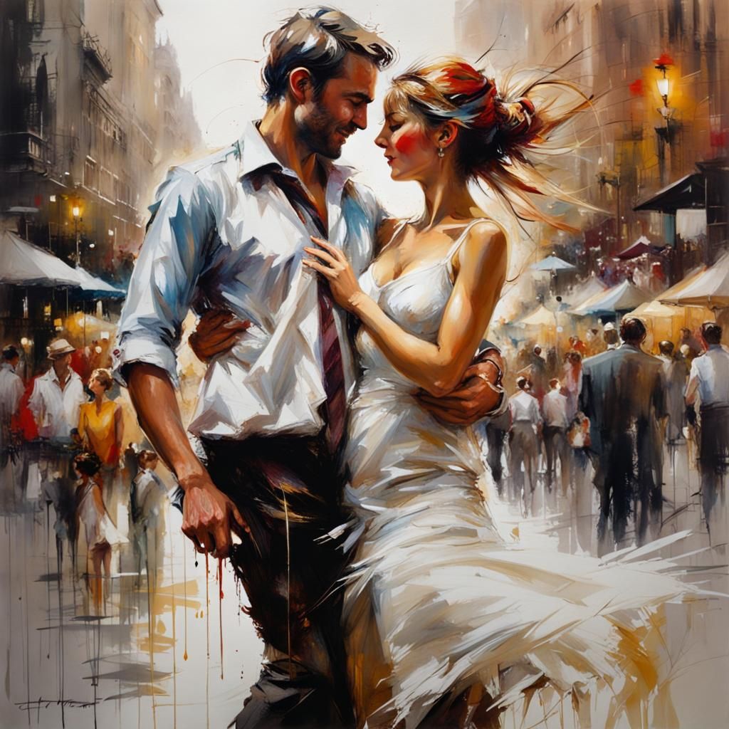 Couple's Tender Embrace in Mixed Media Style