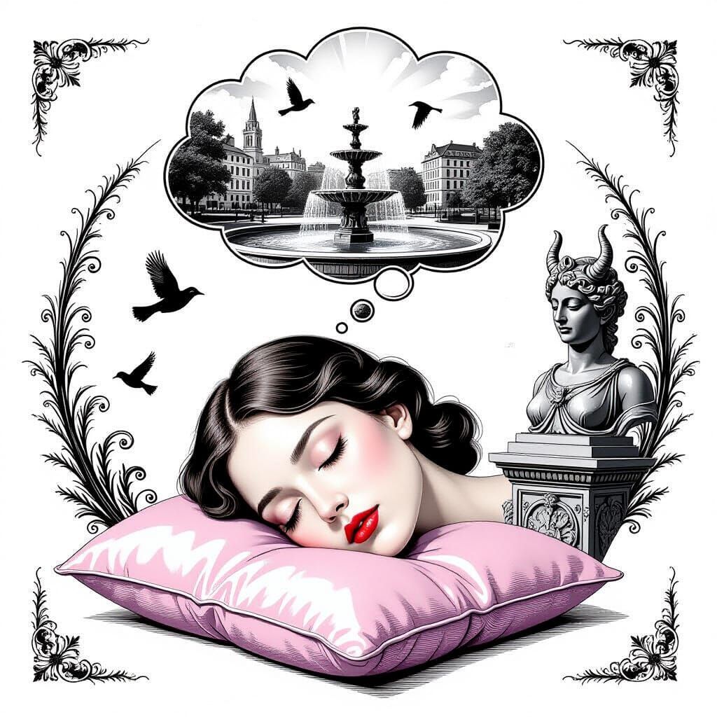 Surreal Ink Illustration of Woman's Dreamscape