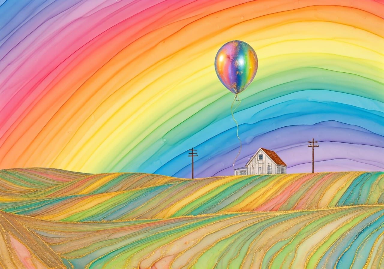 Fluid alcohol inks, rainbow colours and gold, a single ballo...