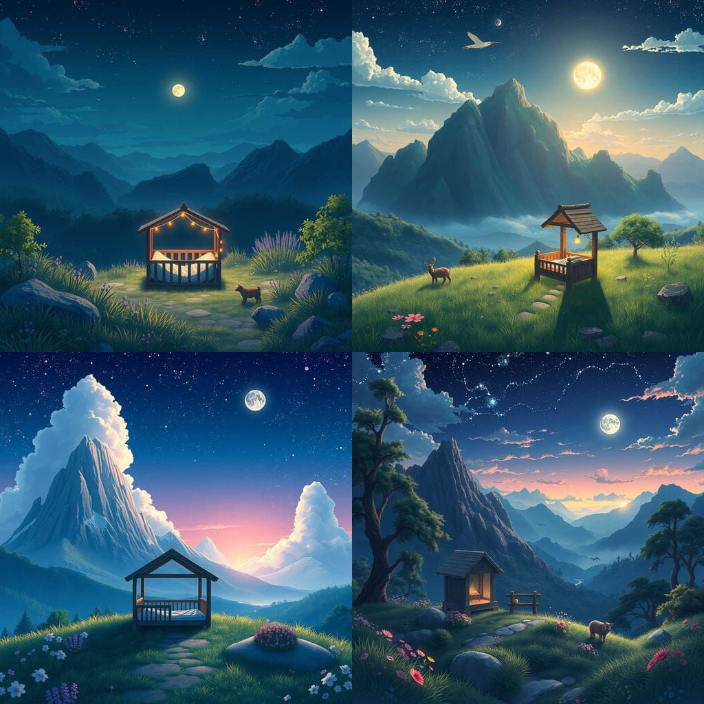 Peaceful Nighttime Landscape with Serene Moonlit Crib