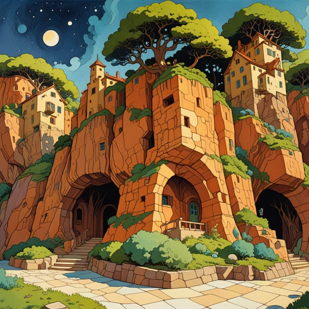 Moonlit Cliff Dwellings in Watercolor Ghibli Style