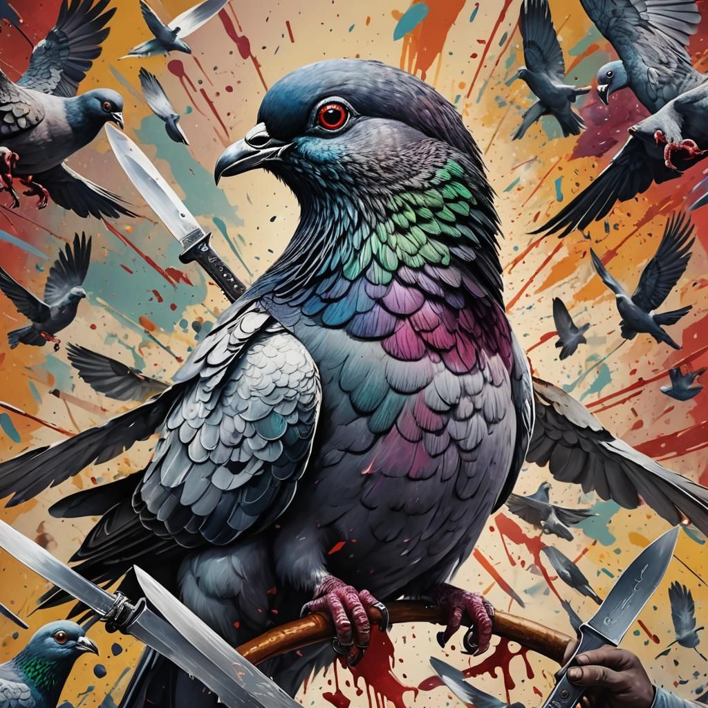 Hyperrealistic Pigeon Assassin with Knife
