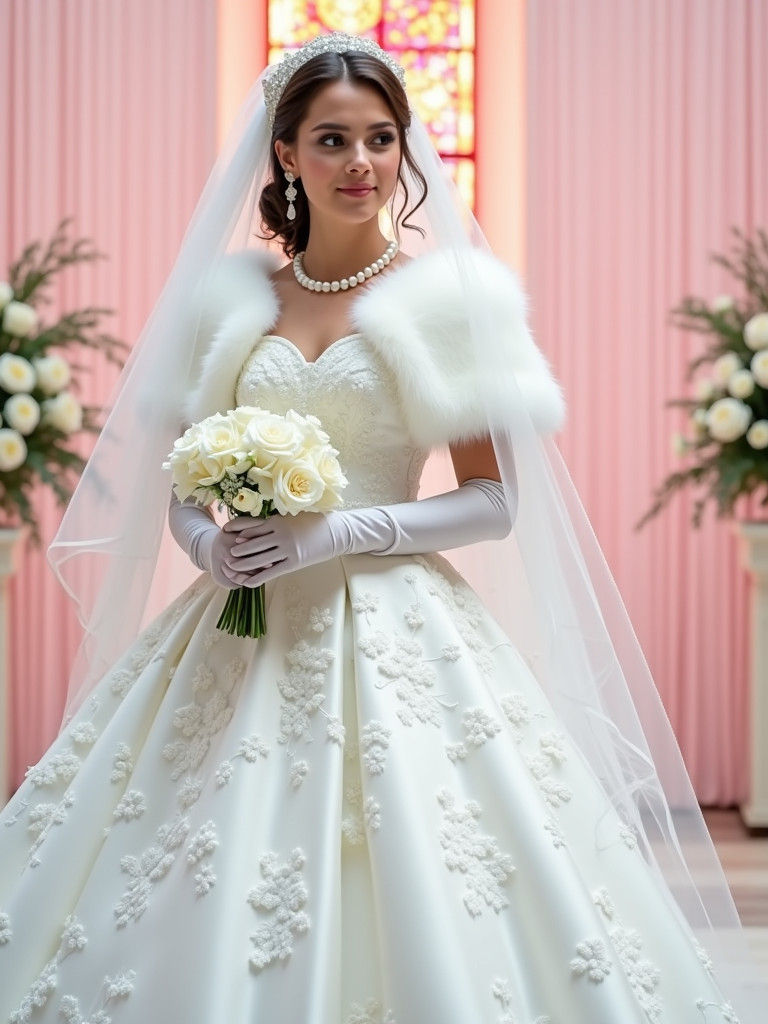 Bride in White Satin Wedding Dress with Lace Veil