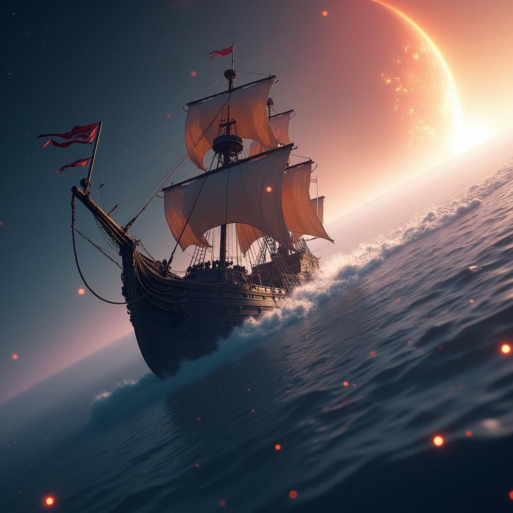 Pirate Ship Races Comet in Space, Fantasy Art