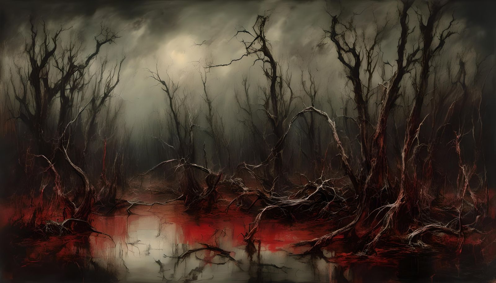 Macabre Swamp Forest at Night, Surrealist Oil Painting