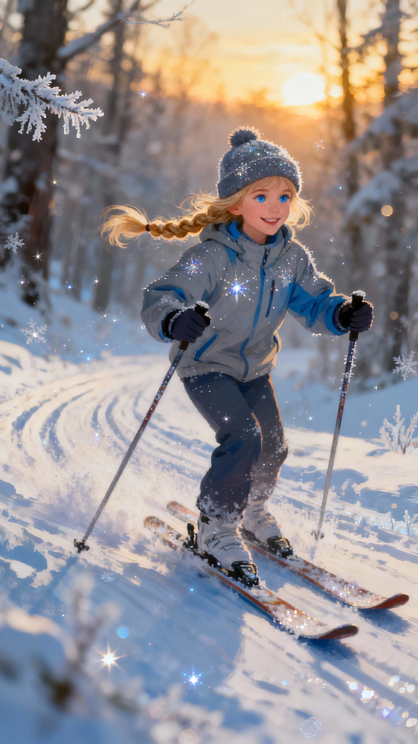 Winter Forest Skiing Girl at Sunset