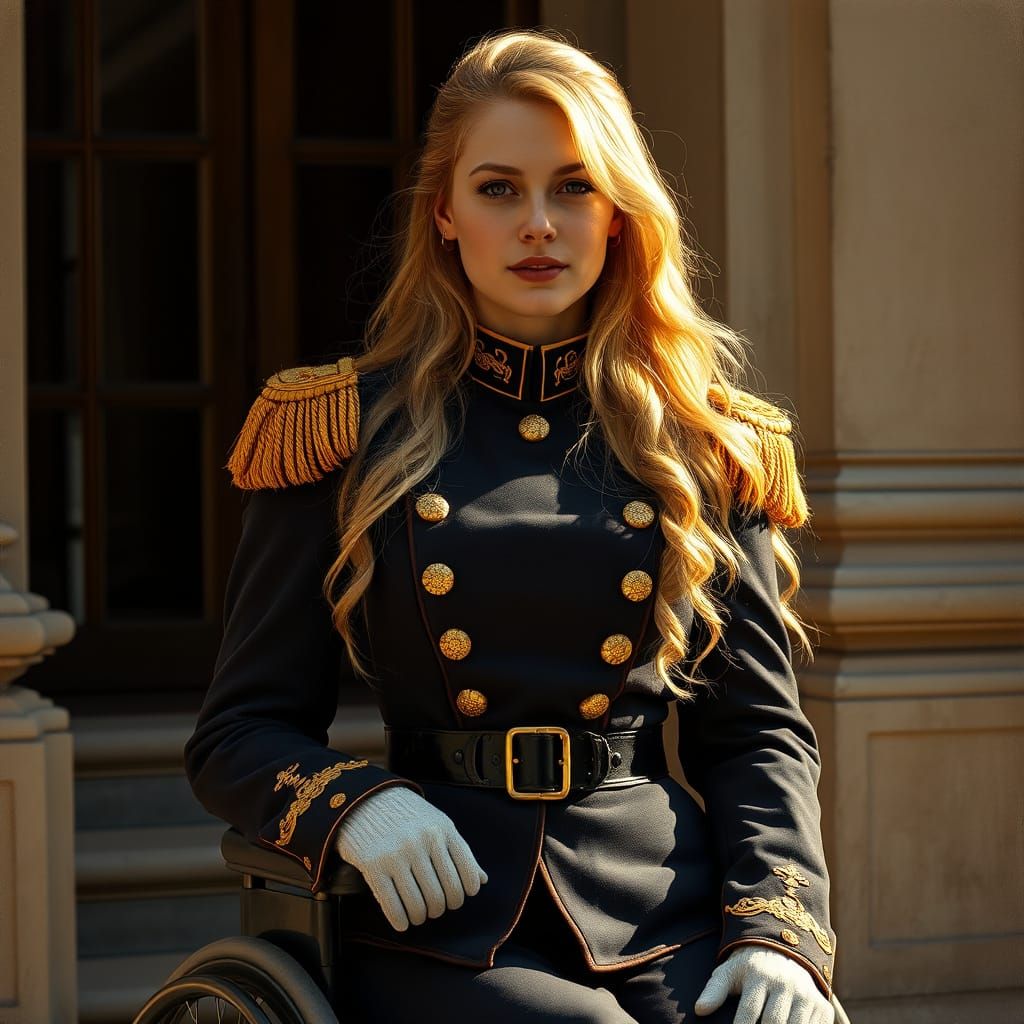 French Military Woman with Long Blonde Hair in Wheelchair