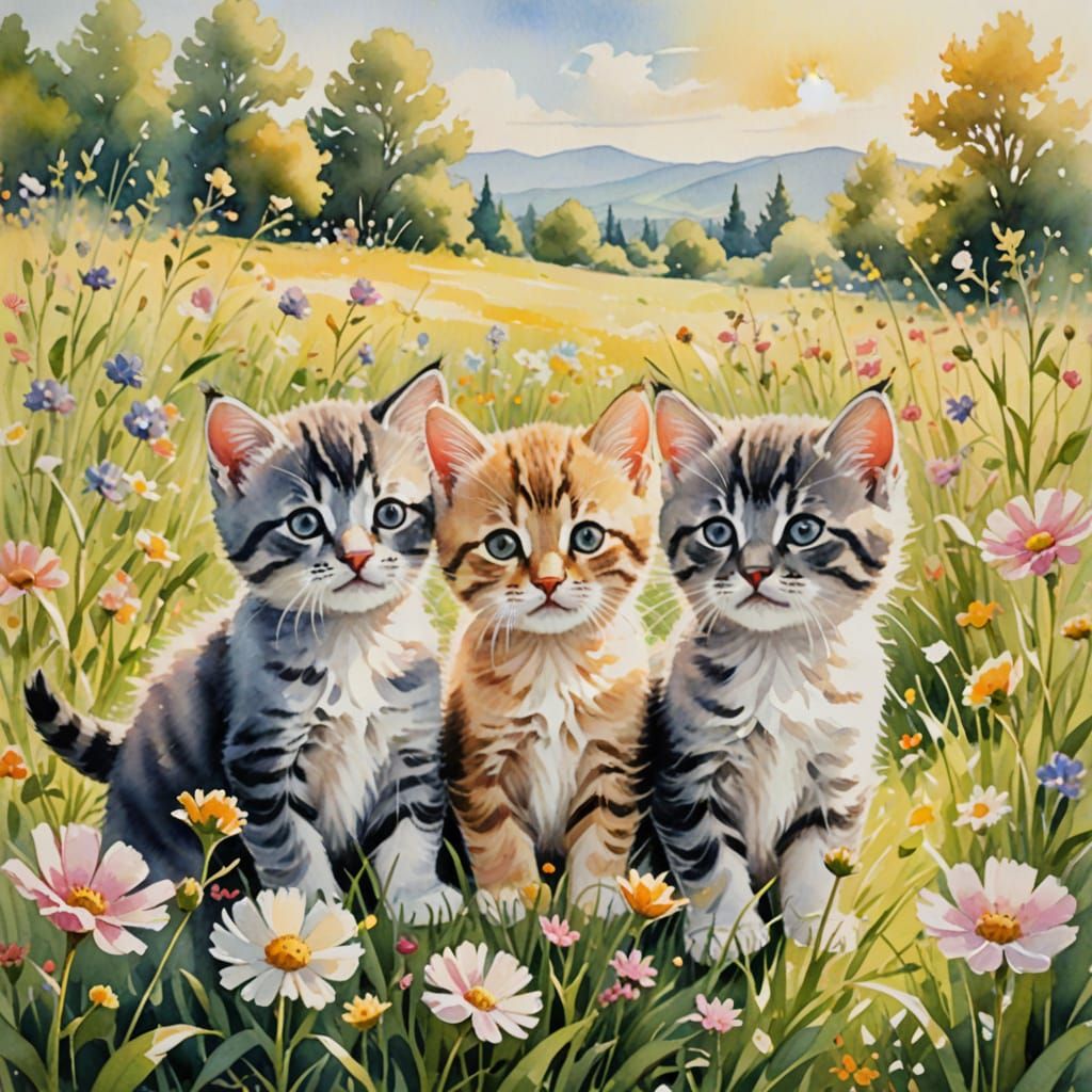 Whimsical Watercolor Painting of Playful Kittens in a Sunny ...