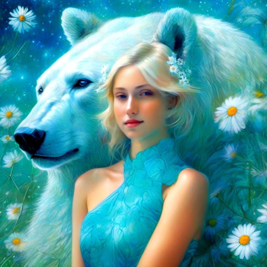 Cosmic Blue Bear Cuddles Young Girl in Turquoise
