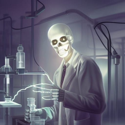 Grinning Scientist with Glowing Skeleton in Laboratory