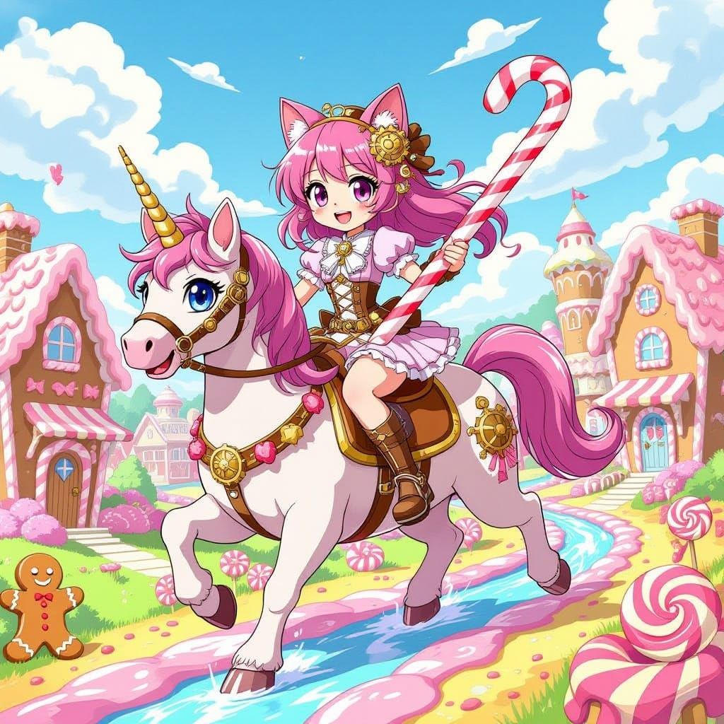 Steampunk Cat Girl Rides Lollipop Steed in Candy World