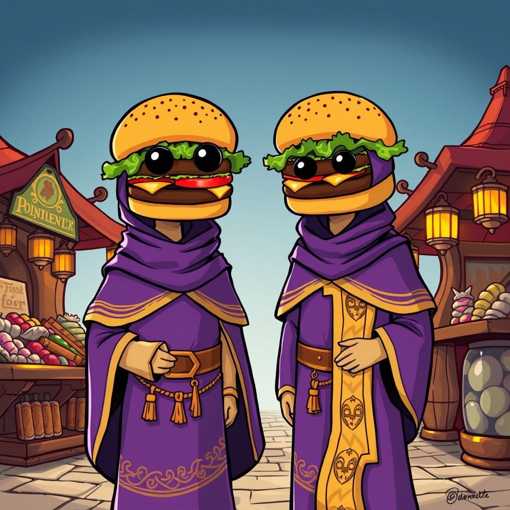 Medieval Royalty Enjoying Double Cheeseburgers in a Bustling...