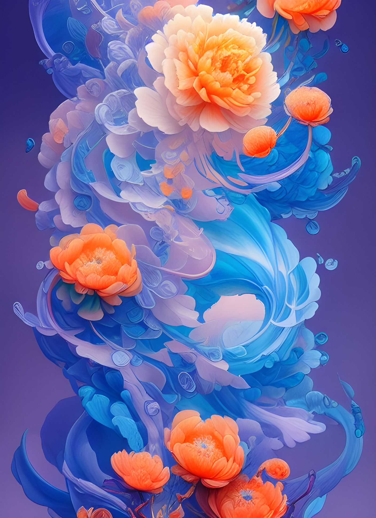 Blue and Orange Peonies in Ink Poster Art