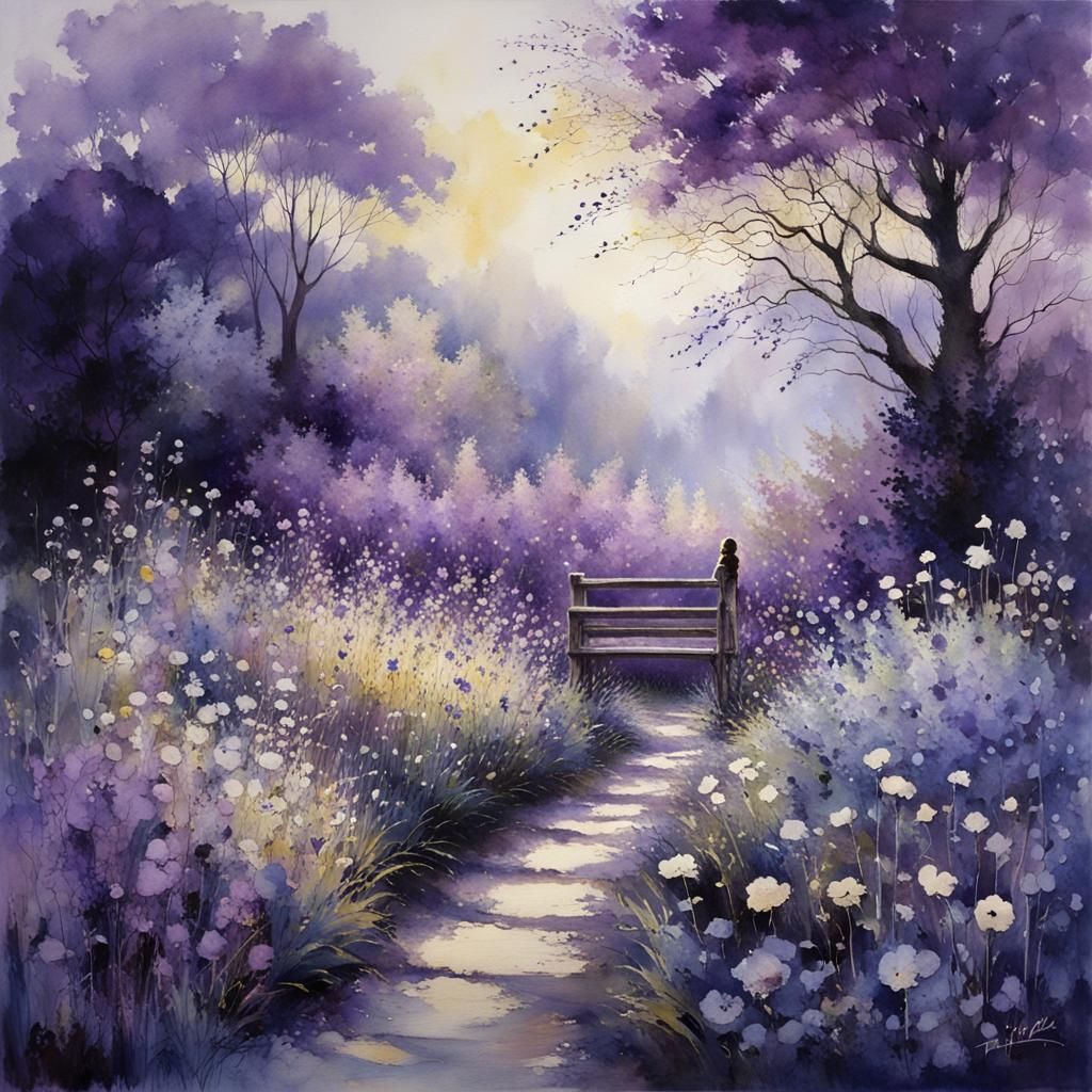 Enchanted Garden in Violet Light: Watercolor Art