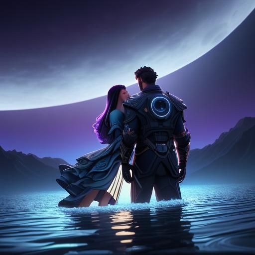 Lovers Embrace Under Moonlight: Cinematic Digital Art