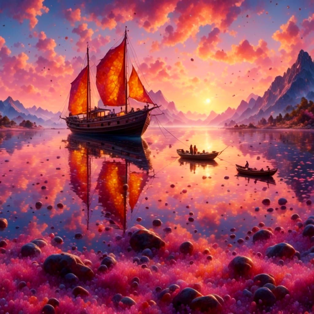 a seascape in a pink orange sunset