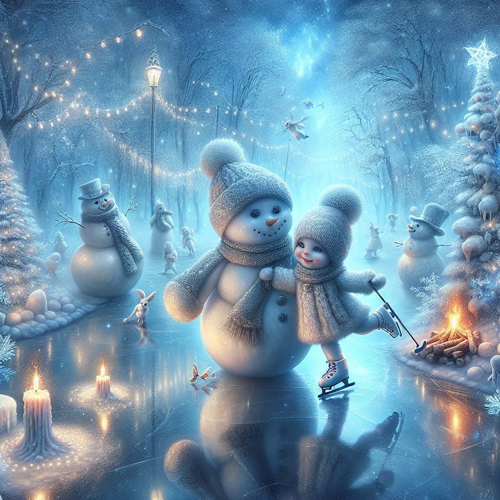 Snowman and Snowchild Skating in Winter Wonderland