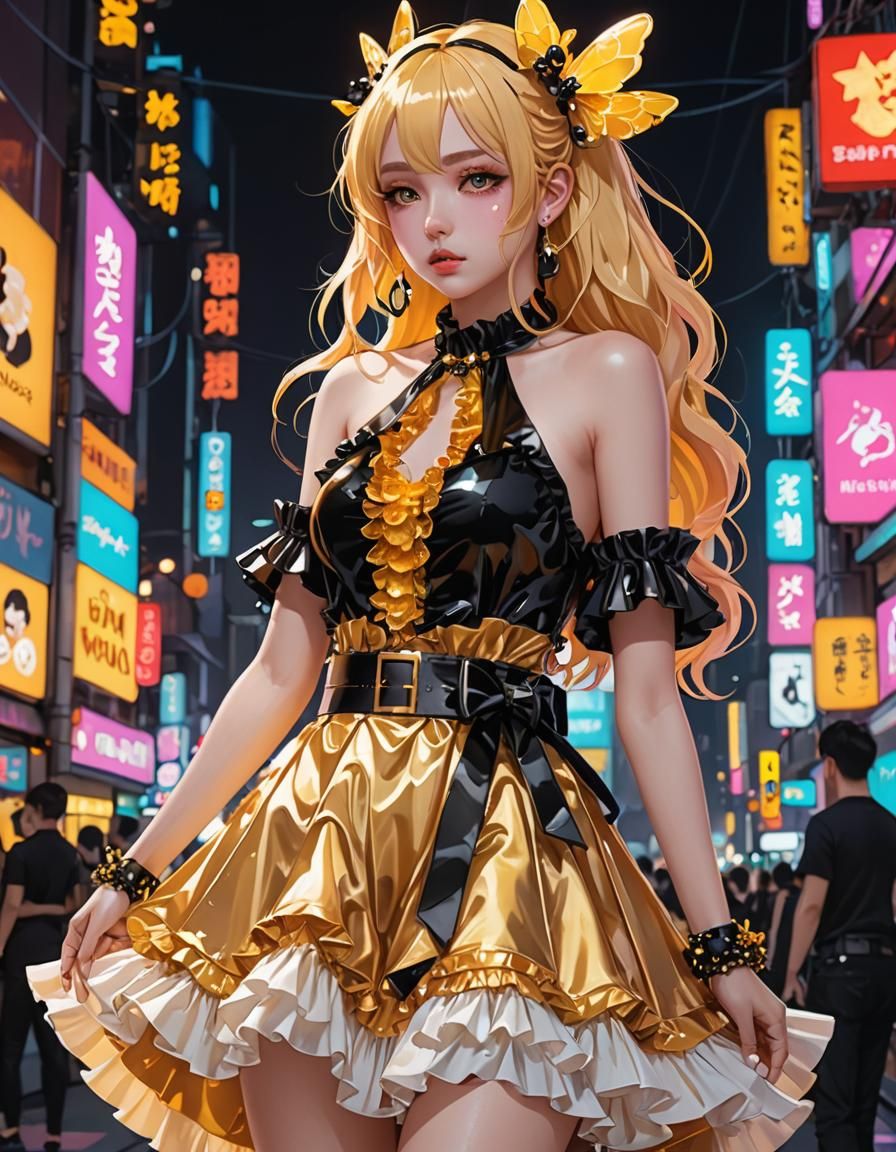 Pastel Goth Dress in Neon Lights, Anime Art