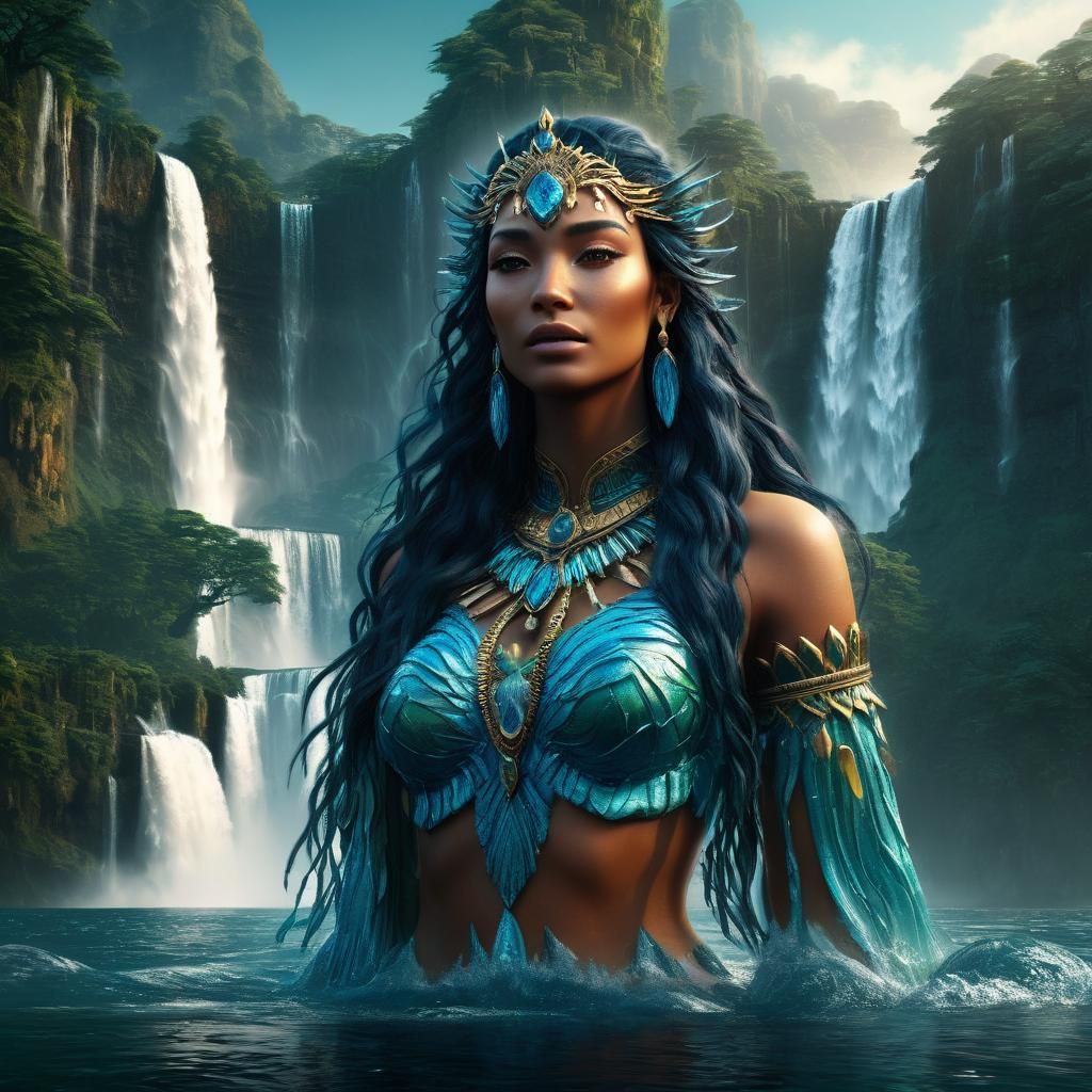 Water Goddess in Lake with Waterfalls: Fantasy Art