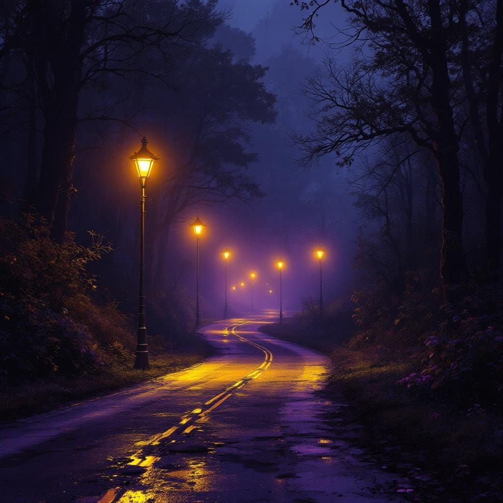 Night Road with Orange Lights in Dark Fantasy Style