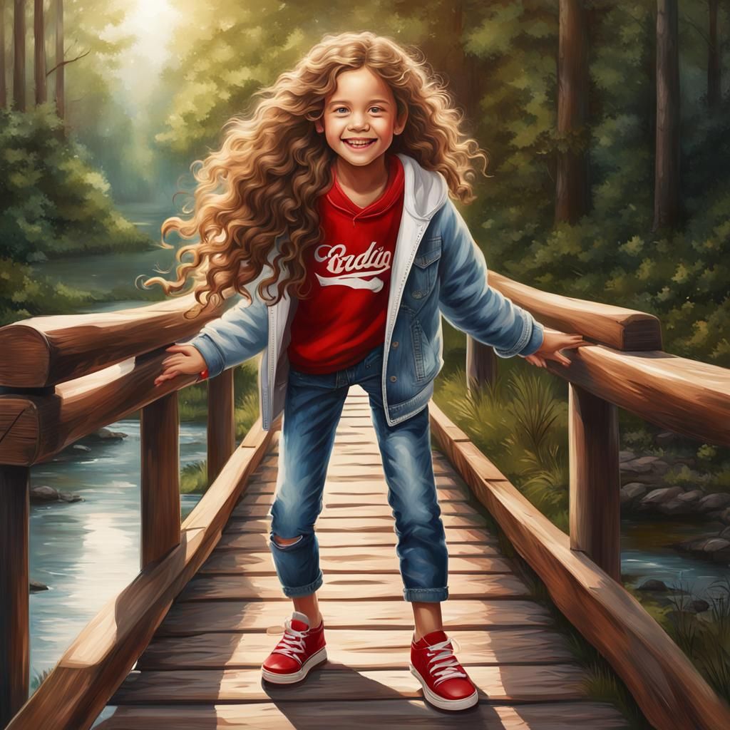 Happy Girl on Bridge in Photorealistic Style