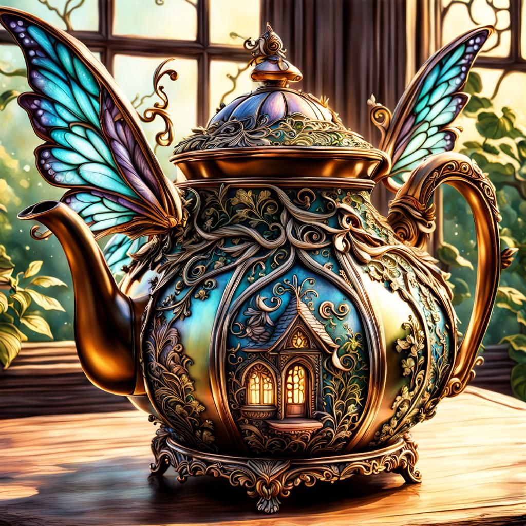 Fairy Teapot Creature on Hutch in Airbrush Style