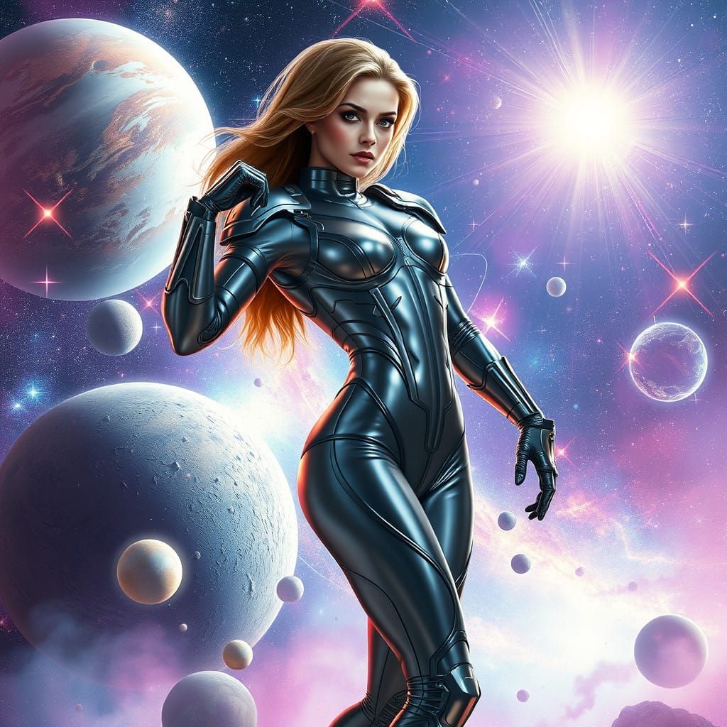 Heroic Female Cosmic Warrior in Metallic Armor