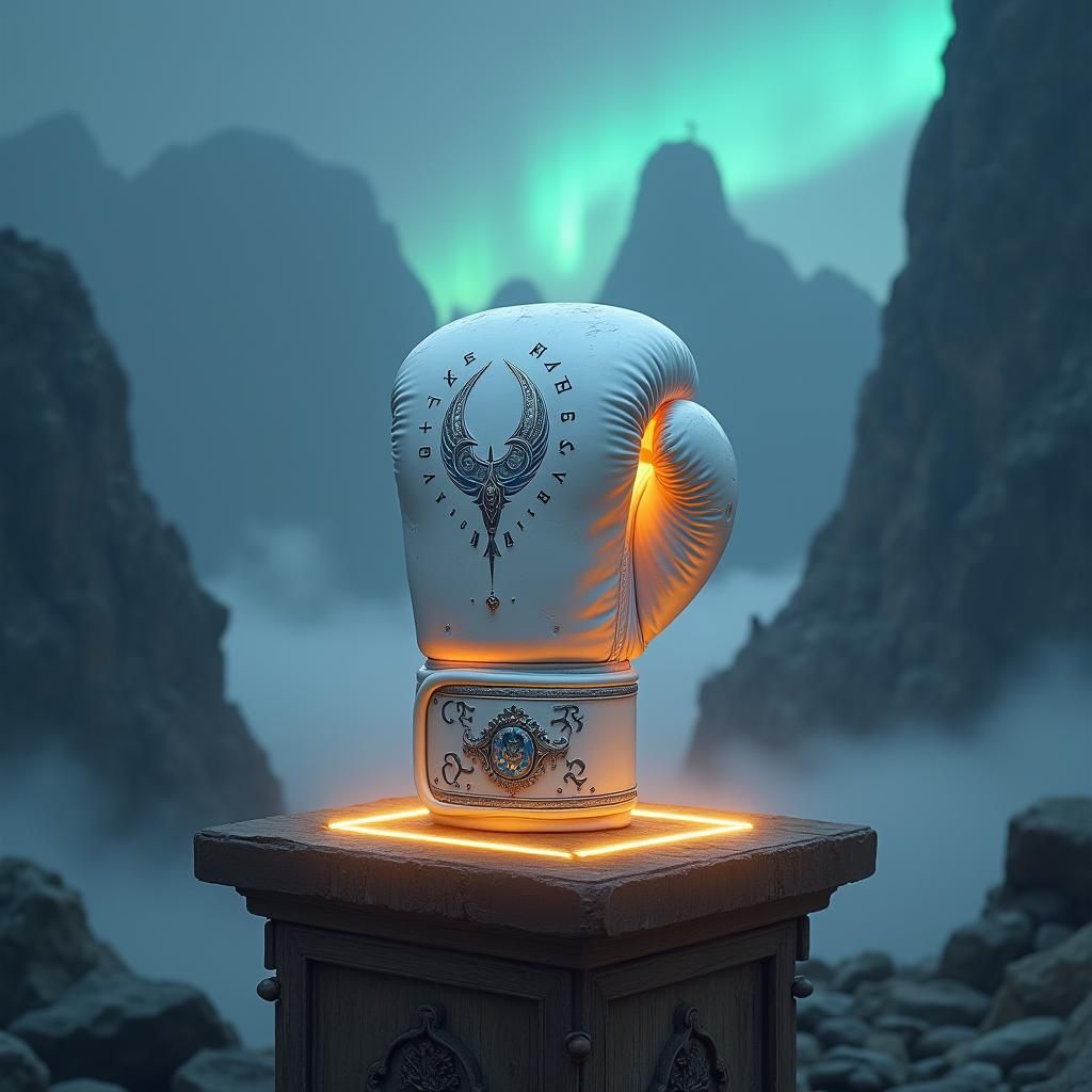 Mystical Boxing Glove with Runes on Mountain Pedestal