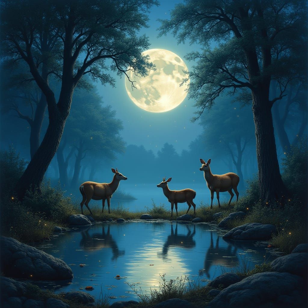 Moonlit Deer in Forest Glade: Hyperrealistic Nature Scene