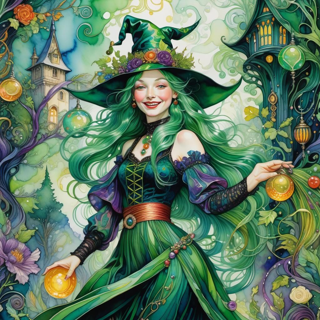 Joyous Green-Haired Witch in Alcohol Ink Illustration