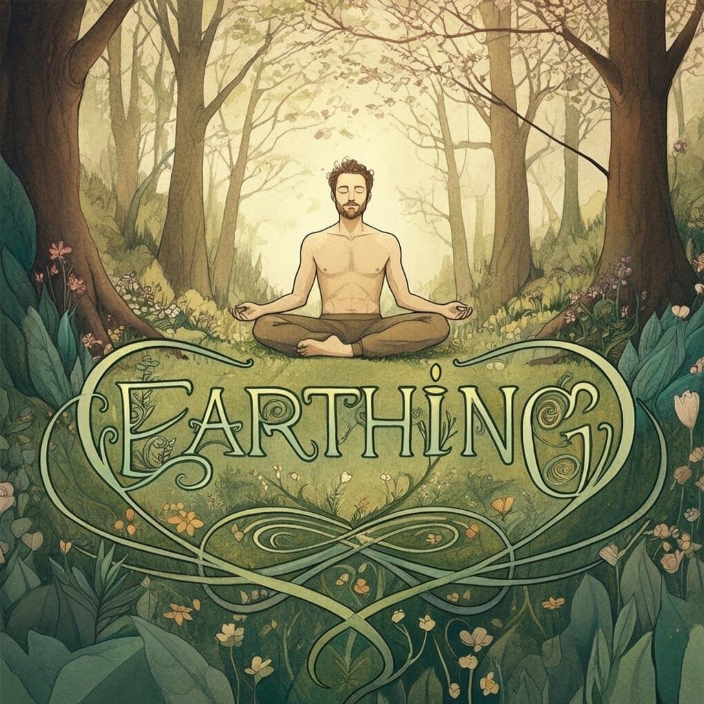 Serene Man in Forest with Lettering, Hand-Drawn Style