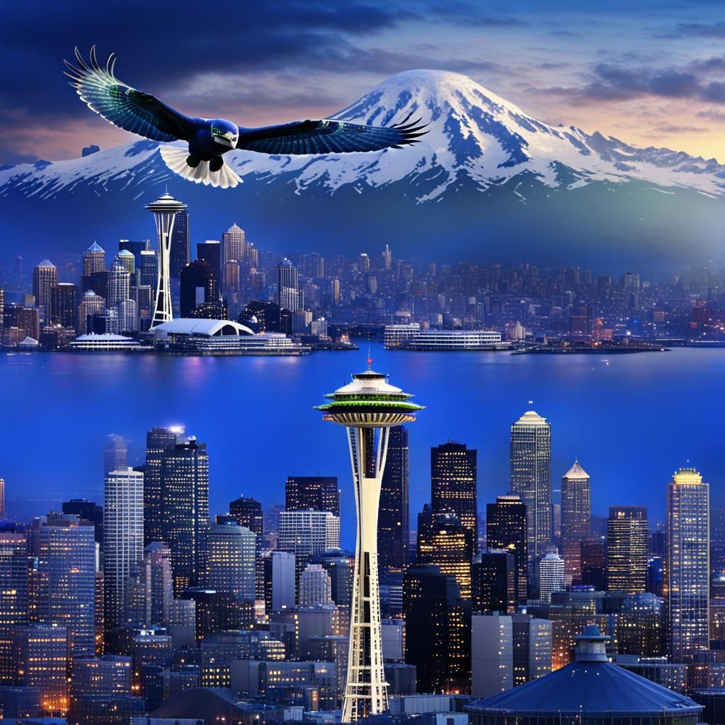 Seattle Seahawks bird flying over the Seattle skyline only 1...