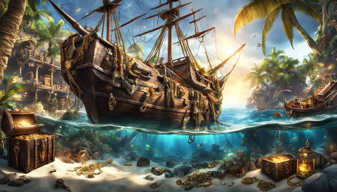 Hyper-Realistic Pirate Cove with Golden Treasure