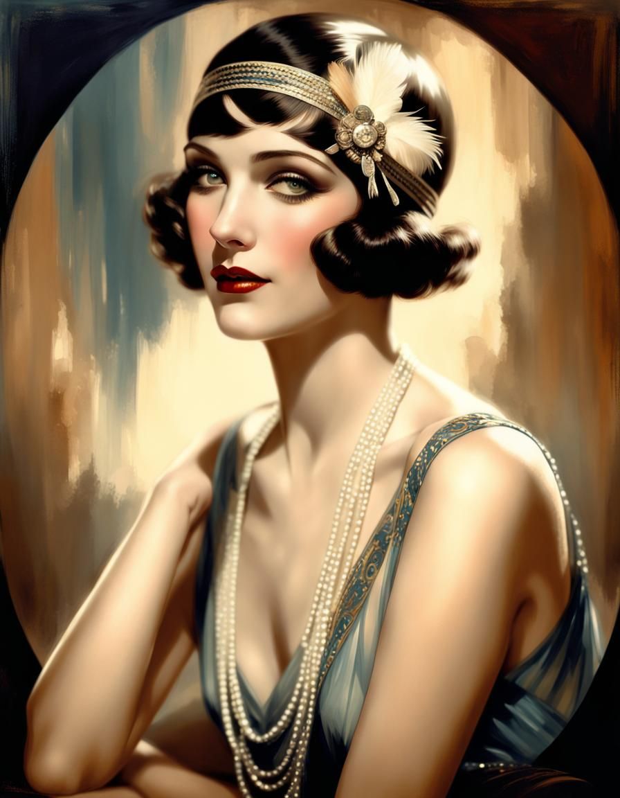 Brunette Flapper in Rolf Armstrong Style Painting