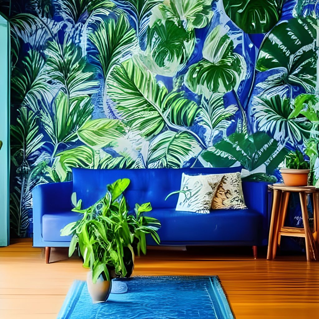 Blue Room Interior with Jungle Decor