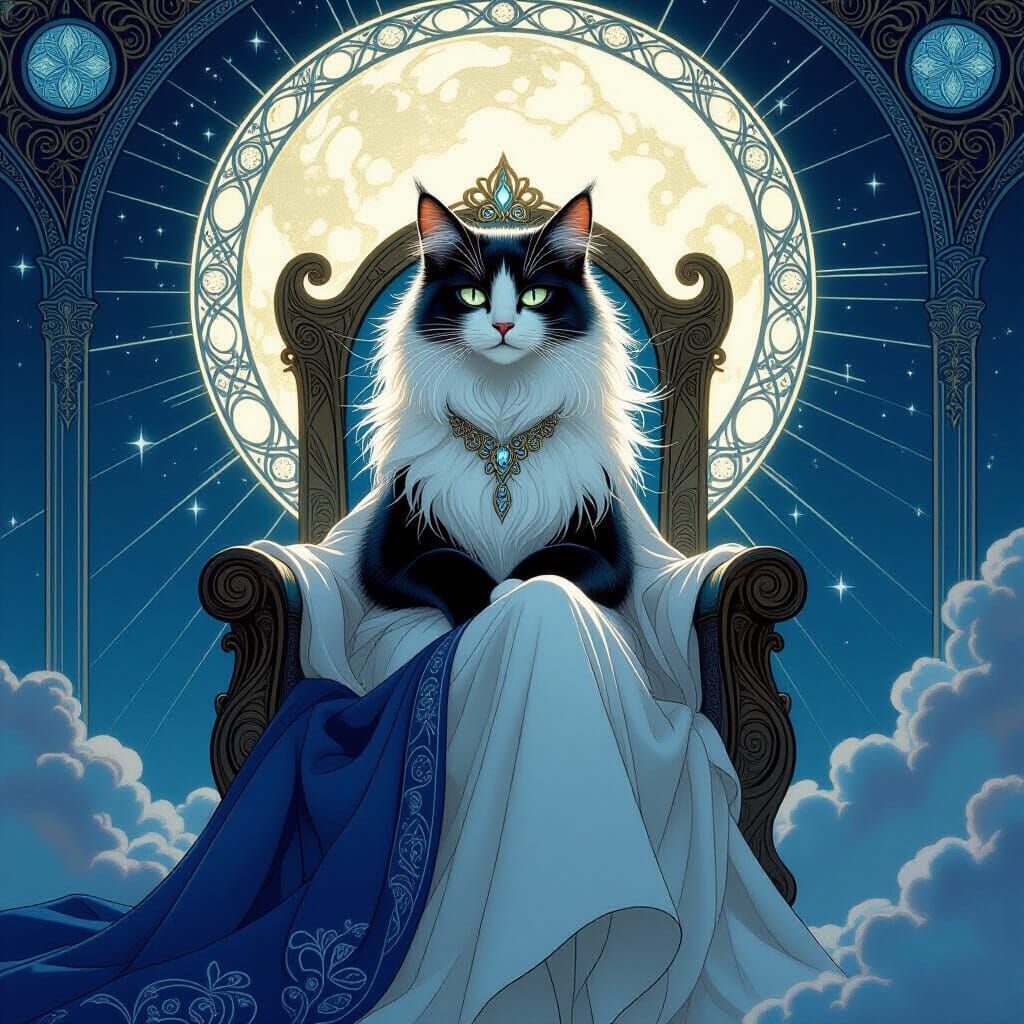 Moonlight Goddess Cat on Celestial Throne
