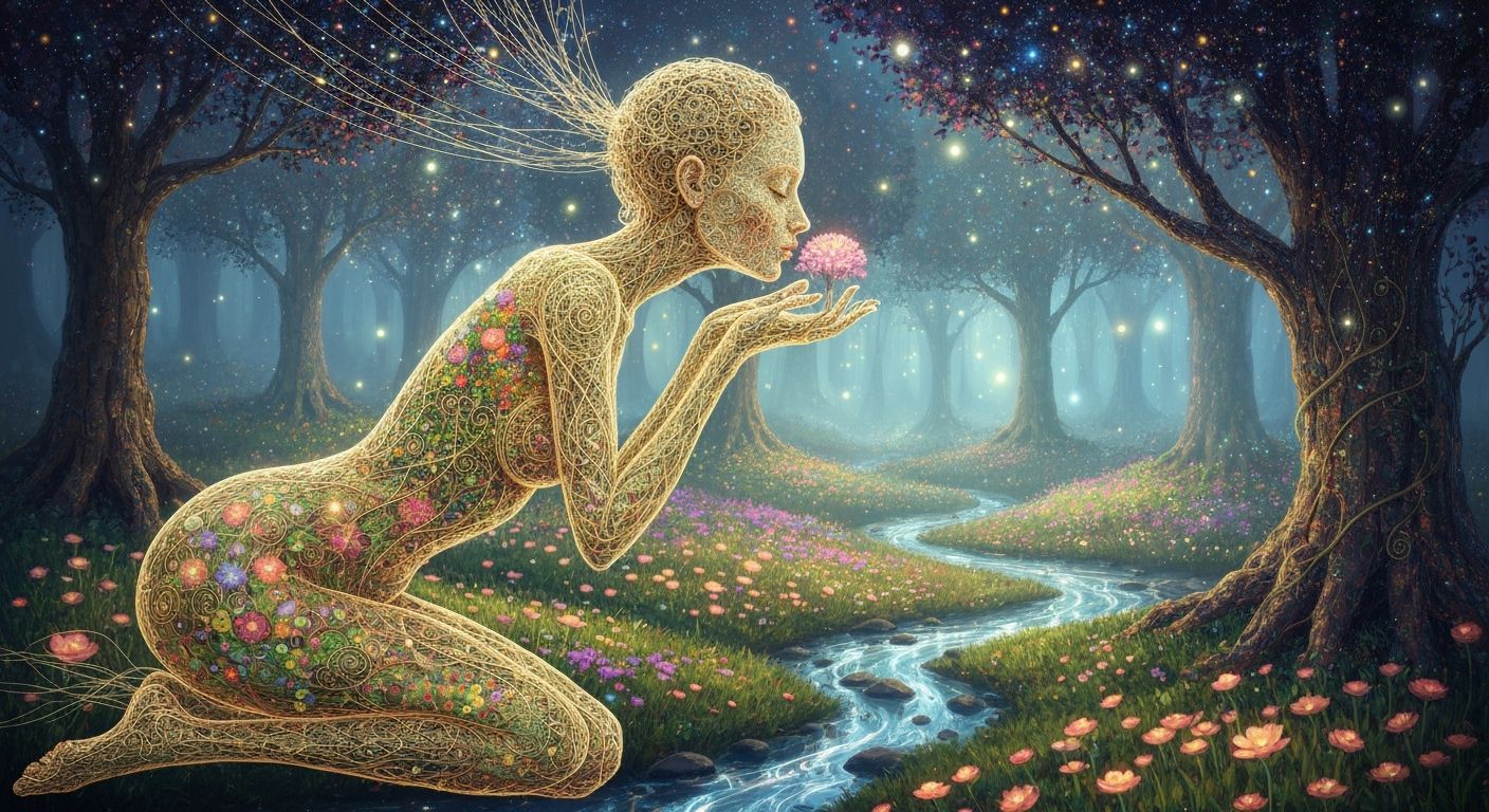 Filigree Woman in Surreal Garden, Ethereal Glow